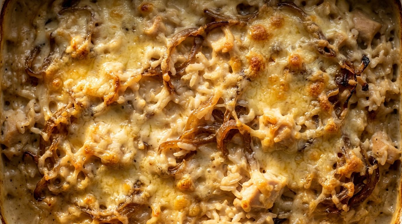 French onion chicken and rice casserole with golden Gruyère crust and caramelized onions in a white baking dish.