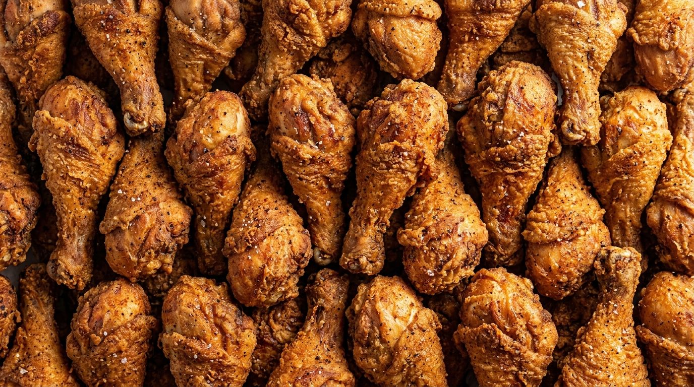 Golden fried chicken drumsticks with crispy spiced crust stacked on a dark oak surface.