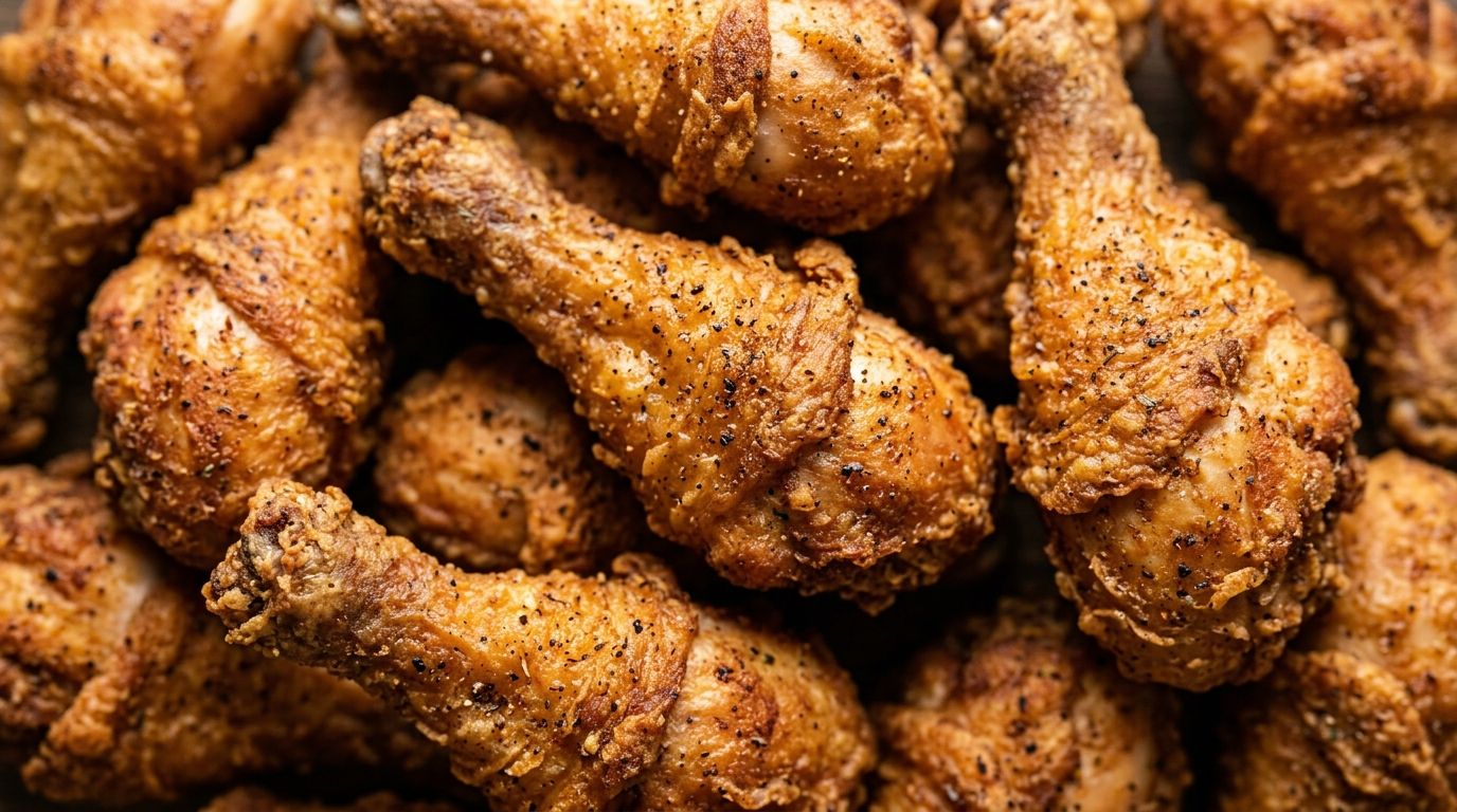 Crispy golden fried chicken drumsticks with a deep spiced crust on a dark wire rack over a wooden board.