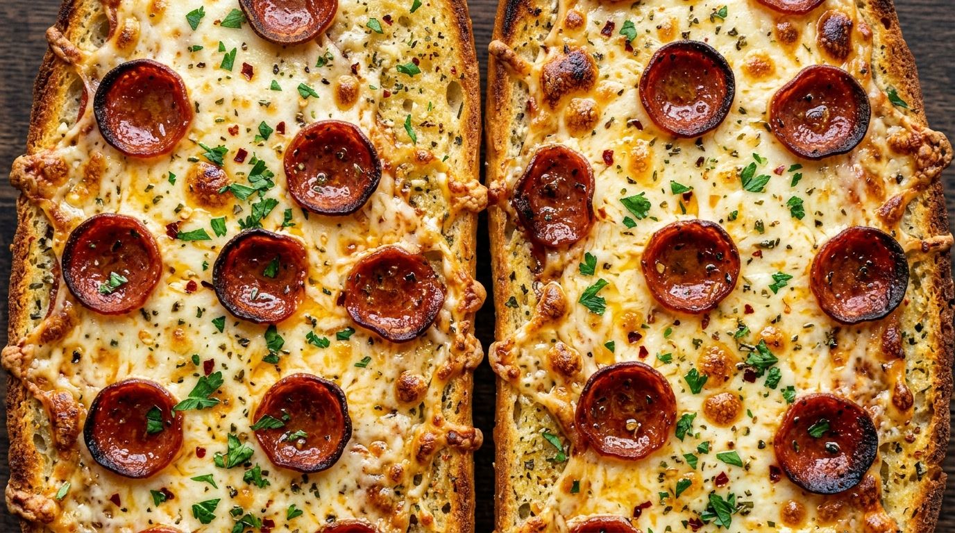 Garlic bread pizza halves on a baking sheet with melted mozzarella, pepperoni, and golden garlicky crust.