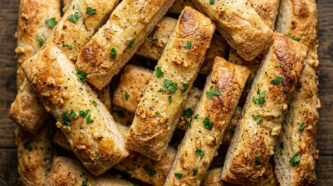 Golden garlic bread sticks on a baking sheet brushed with garlic butter and fresh parsley on a dark wood surface.