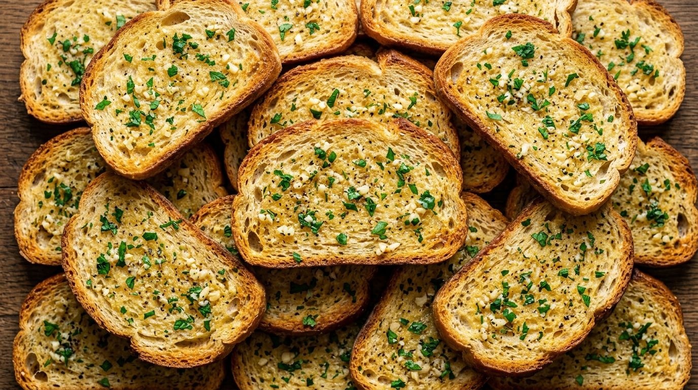 Golden garlic butter bread slices on a foil-lined baking sheet with parsley and minced garlic visible on top.