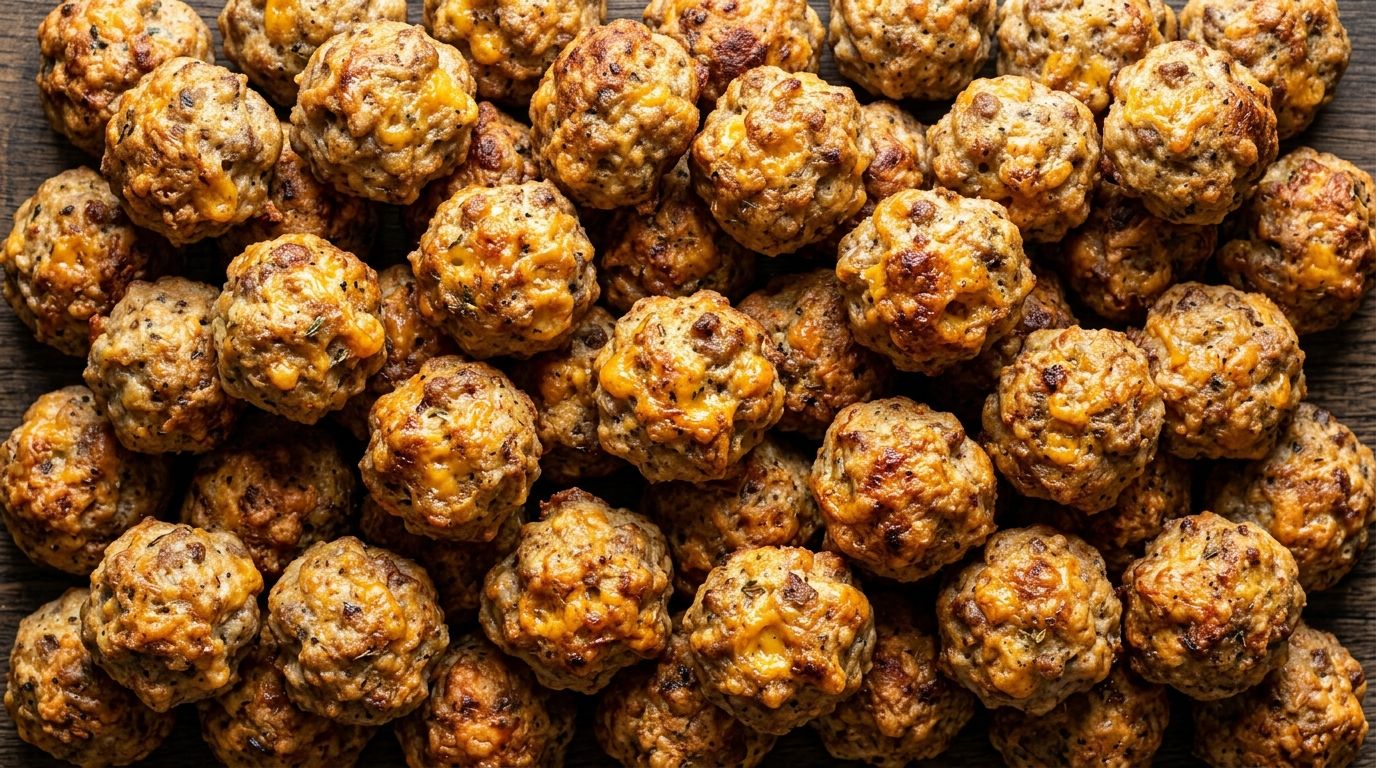 Golden gluten free sausage balls on a parchment-lined baking sheet with a small bowl of ranch dipping sauce.