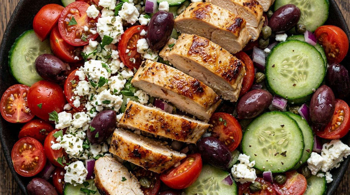 Greek chicken salad with seared chicken, cucumber, cherry tomatoes, Kalamata olives, and crumbled feta in a bowl.