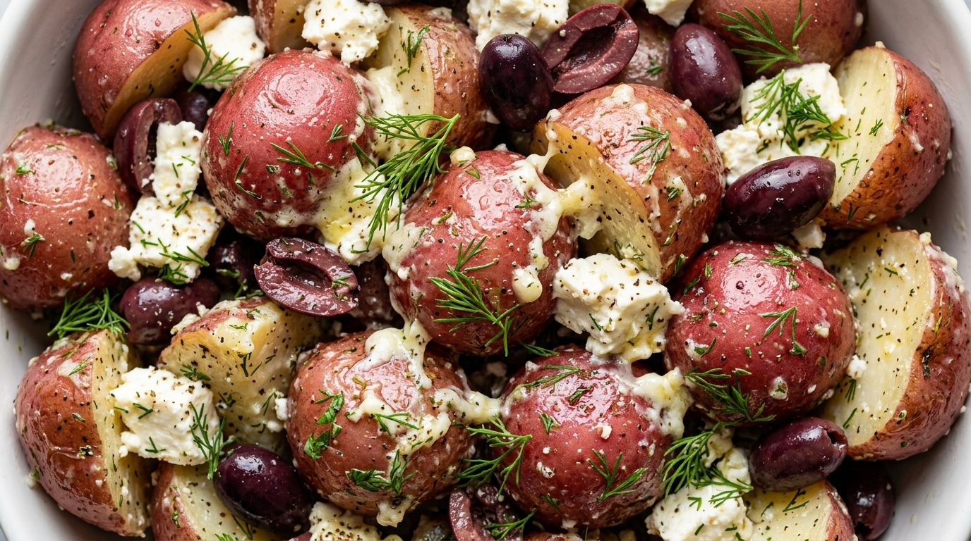Greek potato salad with feta, Kalamata olives, cucumber, and fresh dill in a white bowl on dark oak.