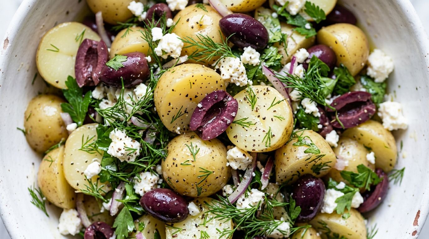 Greek potato salad with kalamata olives, feta, green onions, and fresh dill in a white ceramic bowl.