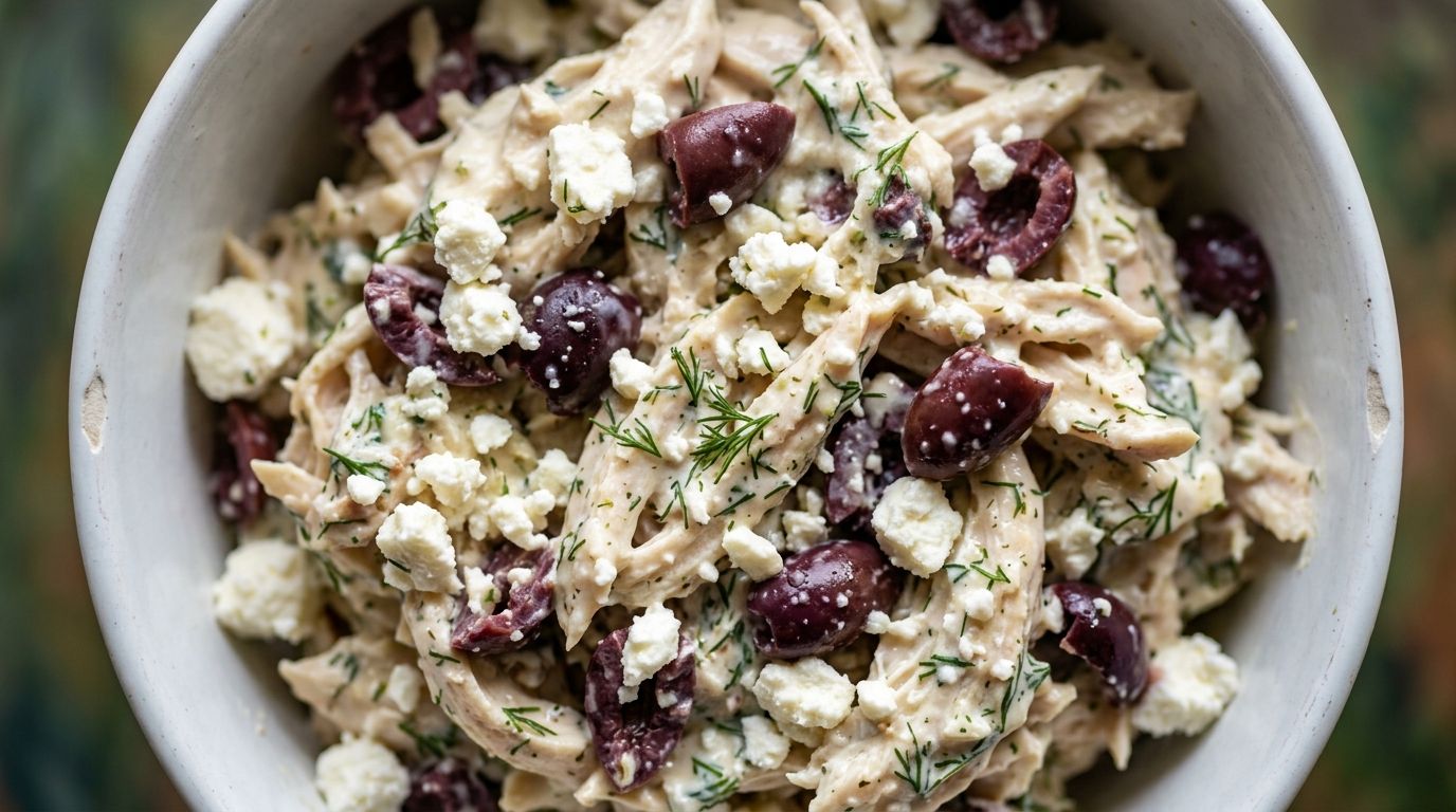 Greek yogurt chicken salad with shredded chicken, feta crumbles, kalamata olives, and fresh dill in a white bowl.
