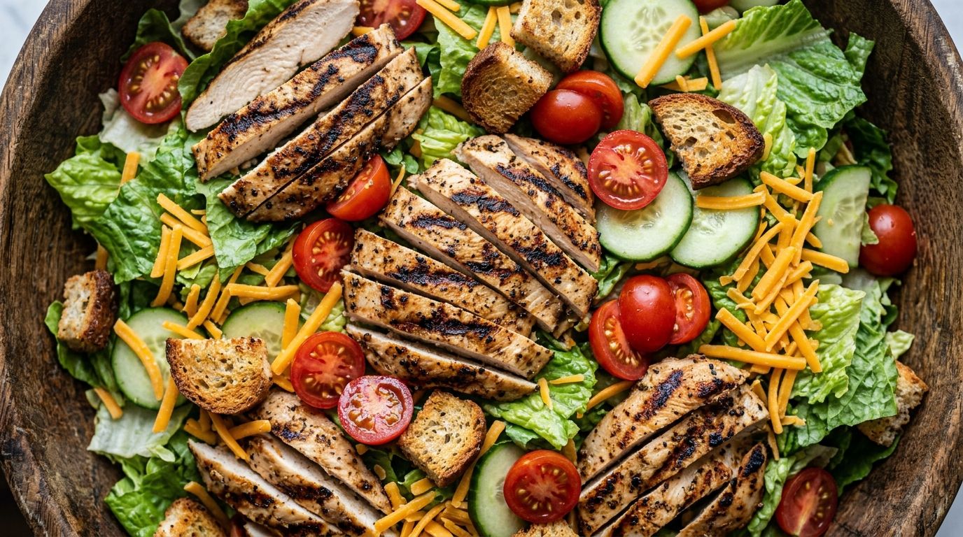 Sliced grilled chicken over romaine, cherry tomatoes, cucumber, and cheddar on a dark oak surface.
