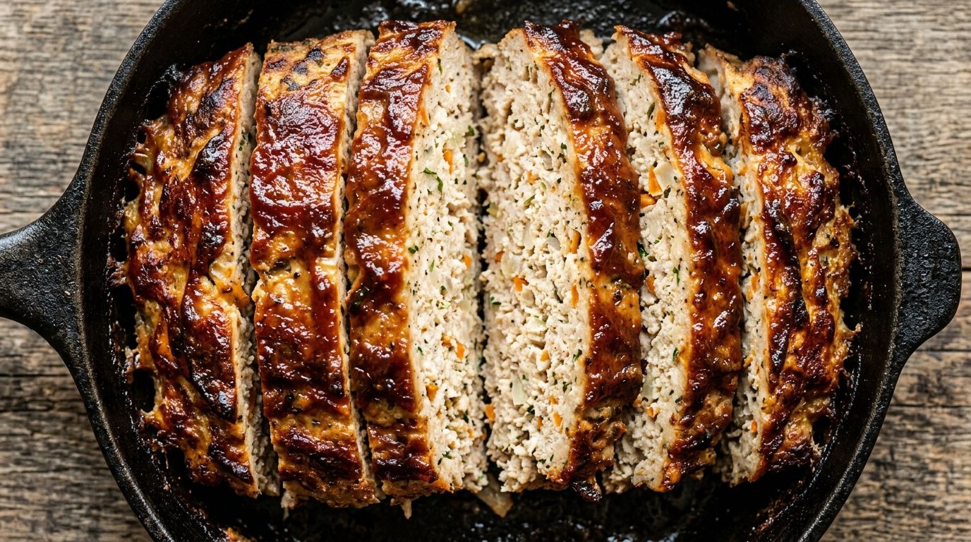 Sliced ground chicken meatloaf with caramelized ketchup glaze in a cast-iron pan, overhead view on a wood board.