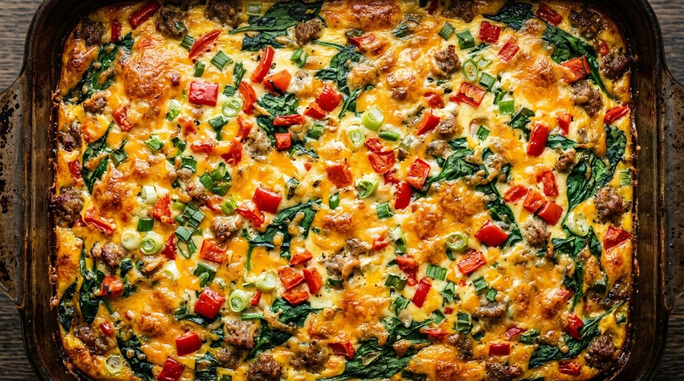 Healthy breakfast casserole with golden cheese crust, turkey sausage, bell pepper, and spinach in a baking dish.