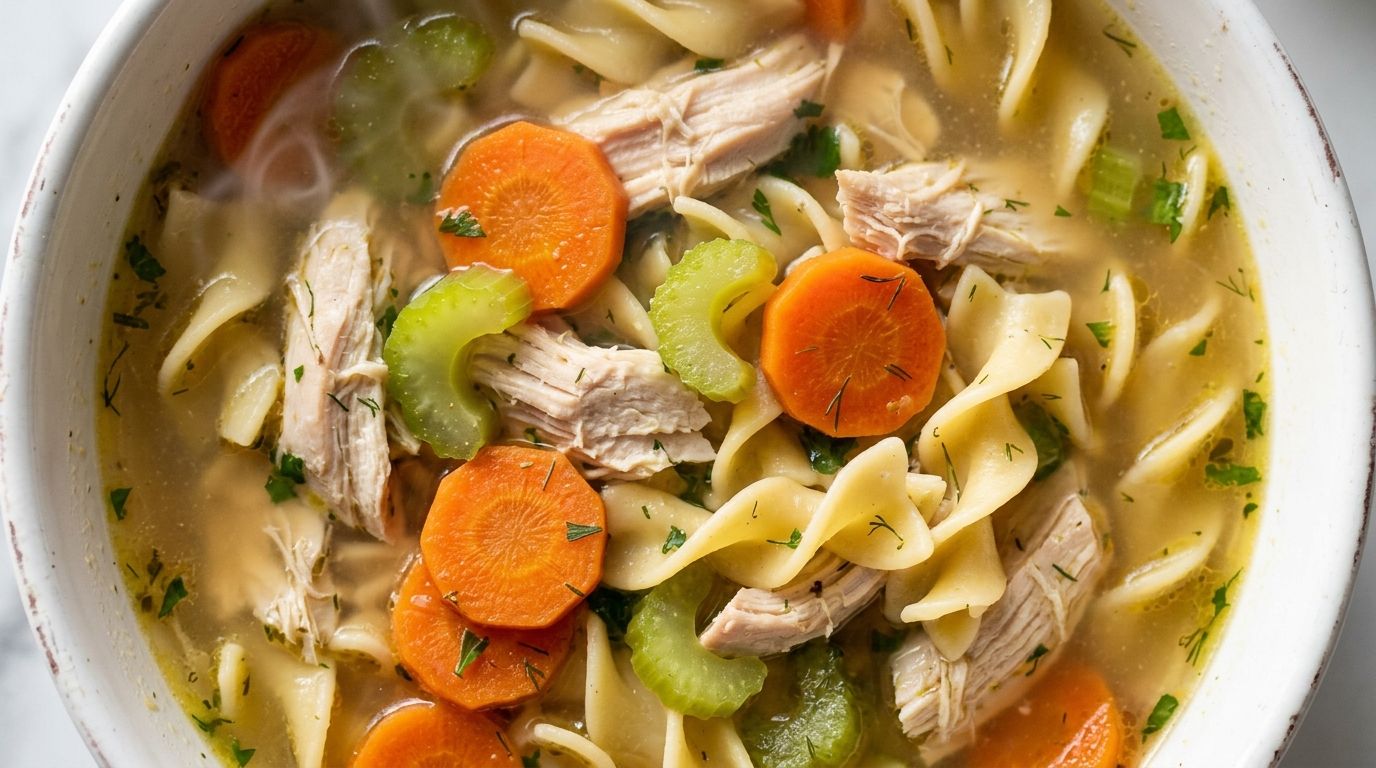 Overhead view of healthy chicken noodle soup in a white ceramic bowl with shredded chicken, carrot coins, celery, and egg noodles in golden broth.