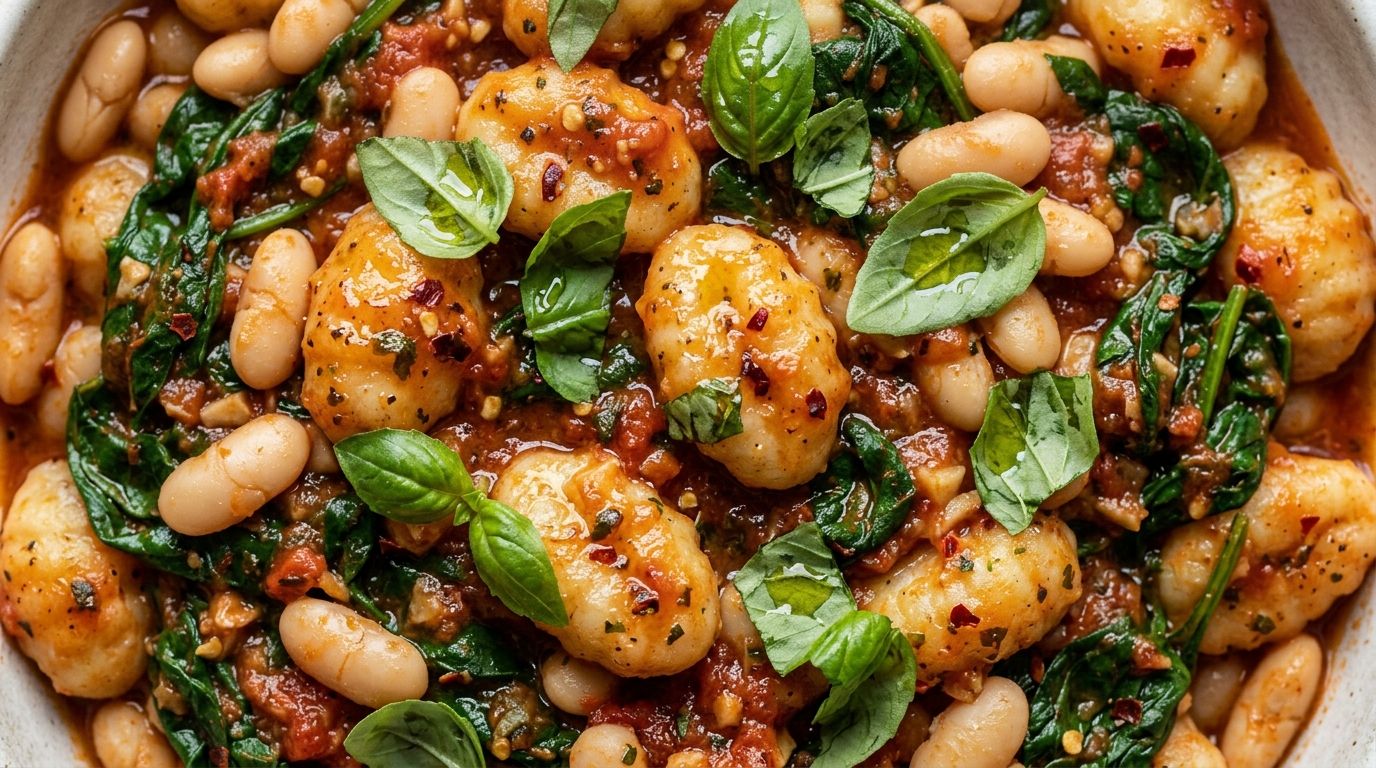 Overhead skillet of healthy gnocchi with white beans, wilted spinach, and diced tomatoes in a garlic herb sauce.