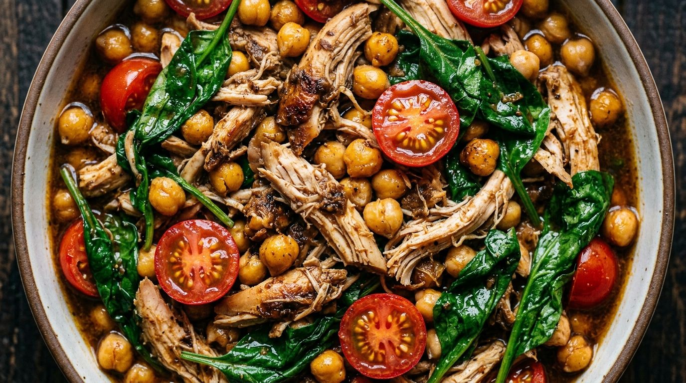 Healthy rotisserie chicken bowl with chickpeas, spinach, and brown rice on dark oak