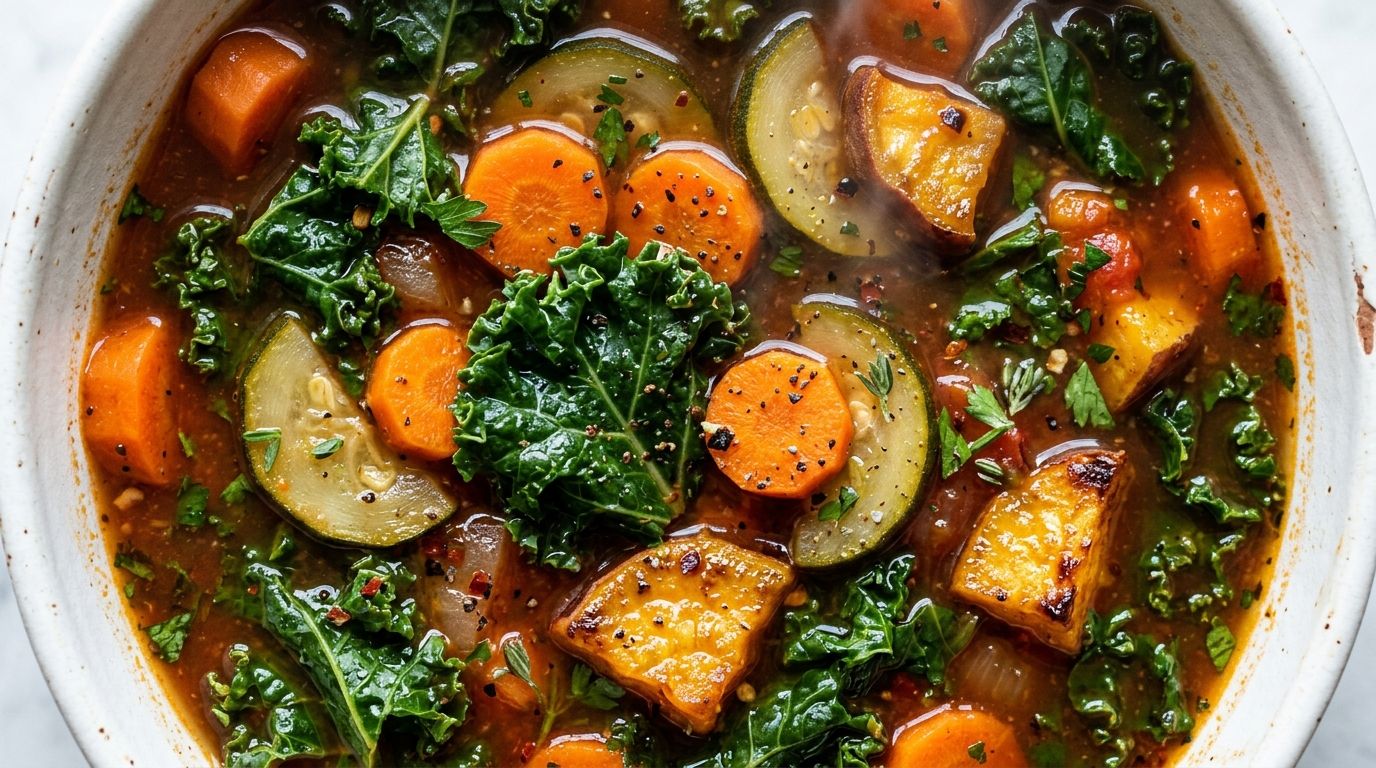 Overhead bowl of healthy vegetable soup with carrots, zucchini, kale, and tomatoes in a golden herb broth.