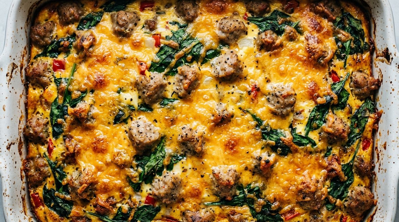 Sliced high protein breakfast casserole with golden cheddar top, turkey sausage, and spinach in a white baking dish.