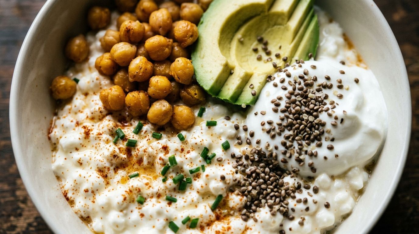 High protein breakfast bowl with cottage cheese, chickpeas, avocado slices, and Greek yogurt on a dark oak surface.
