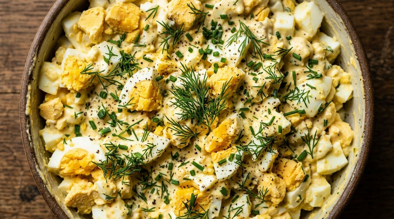 High protein egg salad with chopped eggs, celery, dill, and chives in a white bowl on a wooden board.