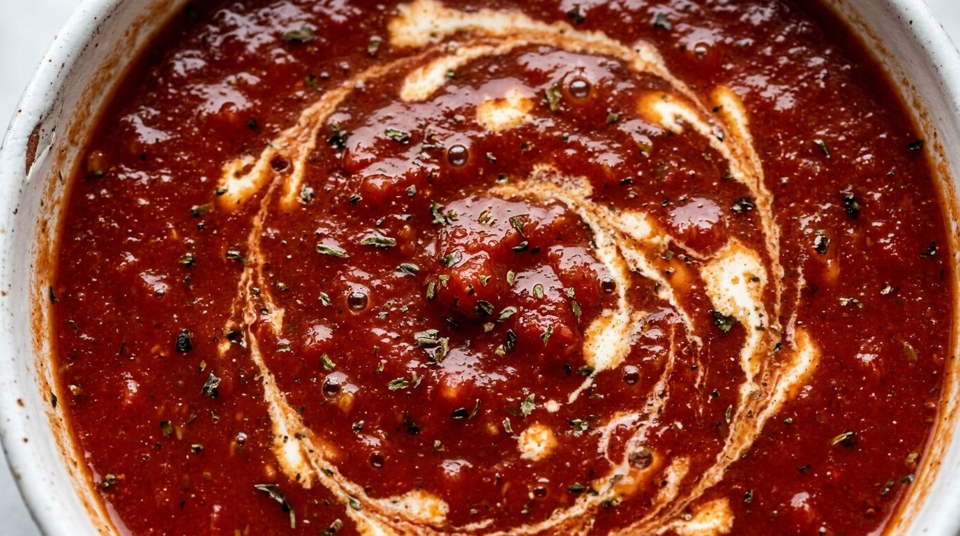 Overhead view of high protein tomato soup in a white ceramic bowl with a cream swirl and basil flecks on dark oak surface.