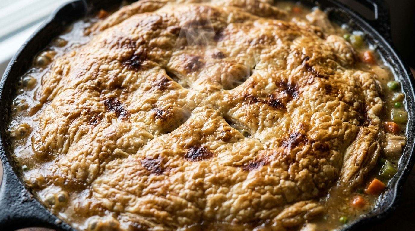 Homemade chicken pot pie in a cast-iron skillet with a golden flaky crust on a dark wood surface.