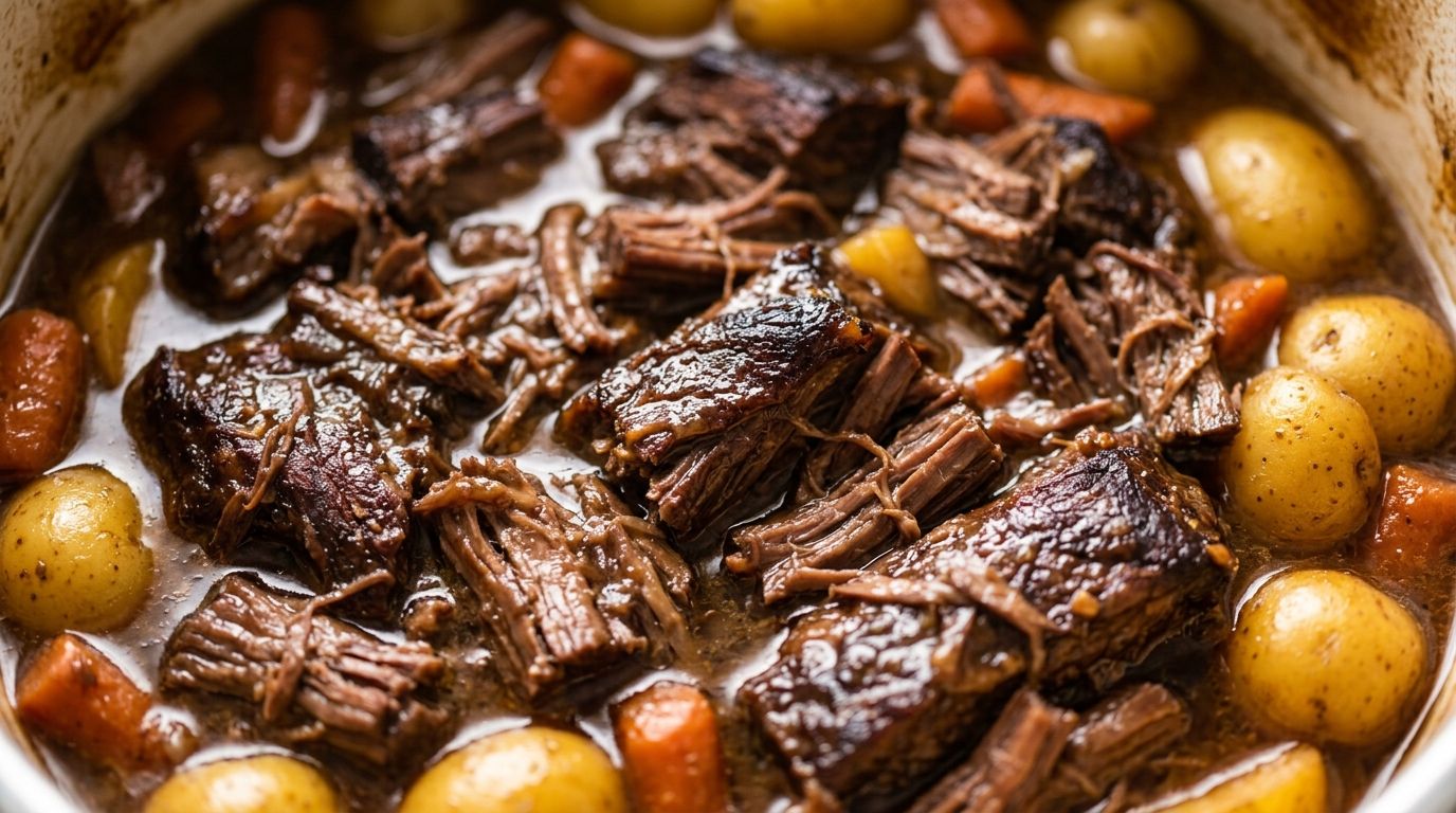 Fork-tender pot roast with carrots, potatoes, and brown gravy in a dark cast iron dish on a wood surface.