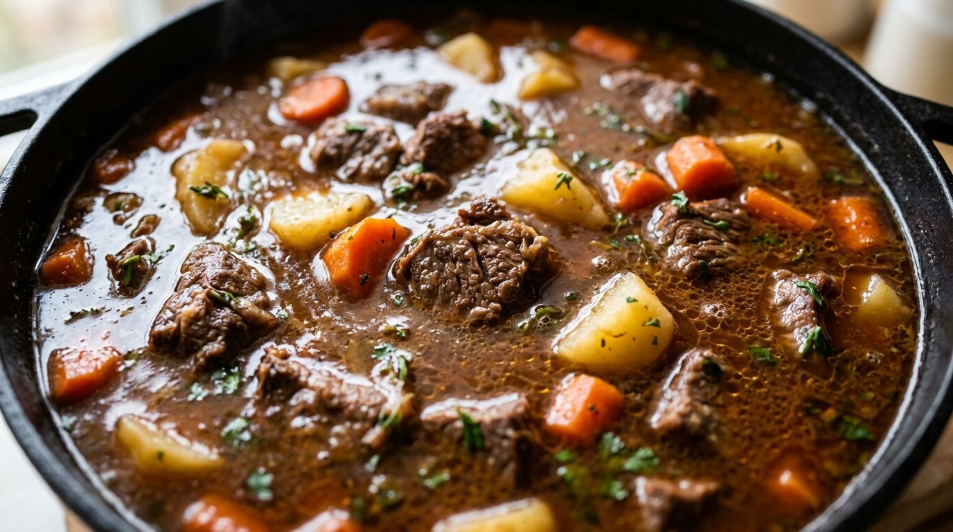 Irish beef stew in a cast-iron pot with chunks of beef, carrots, potatoes, and rich dark Guinness broth.