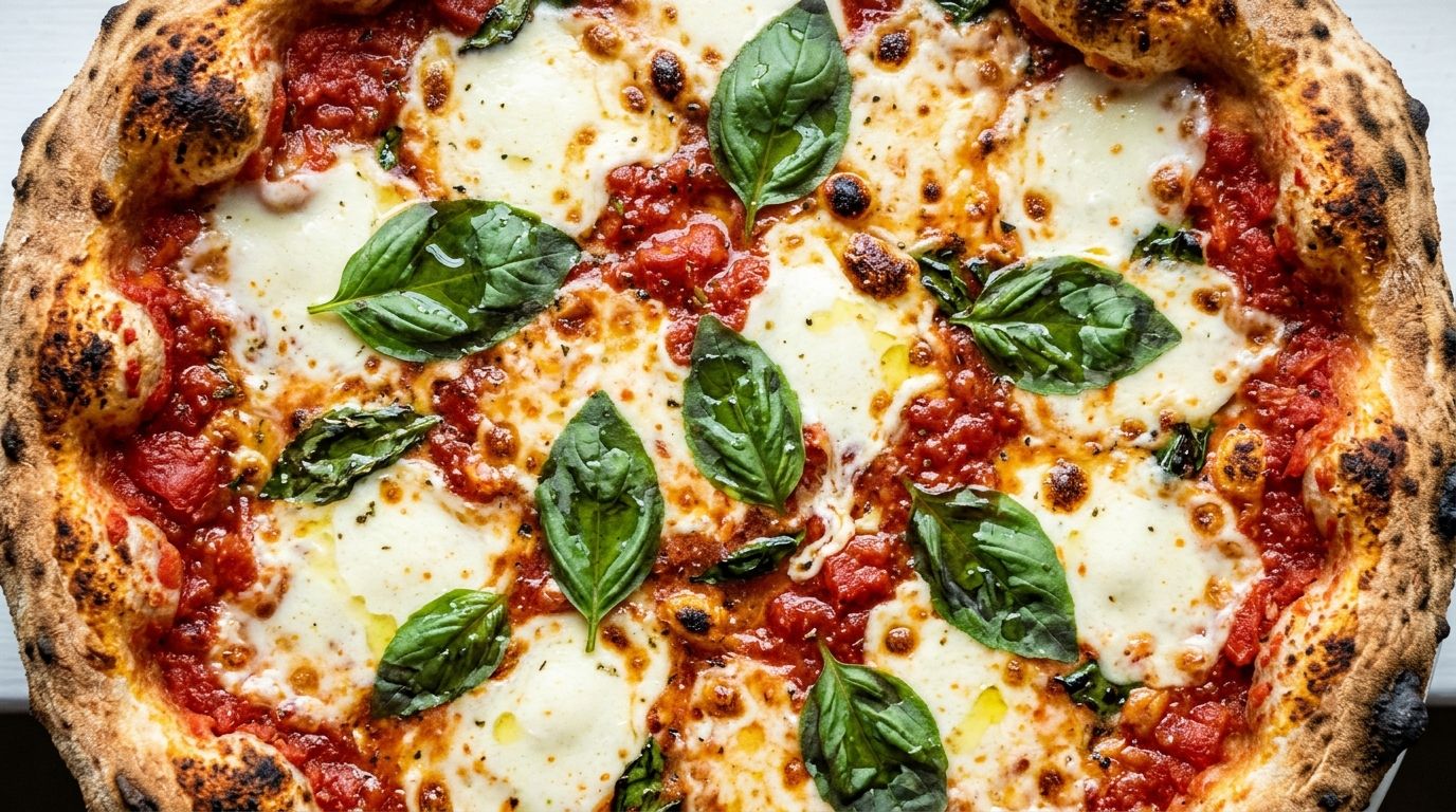 Homemade Italian pizza with fresh mozzarella and basil on a dark wooden surface