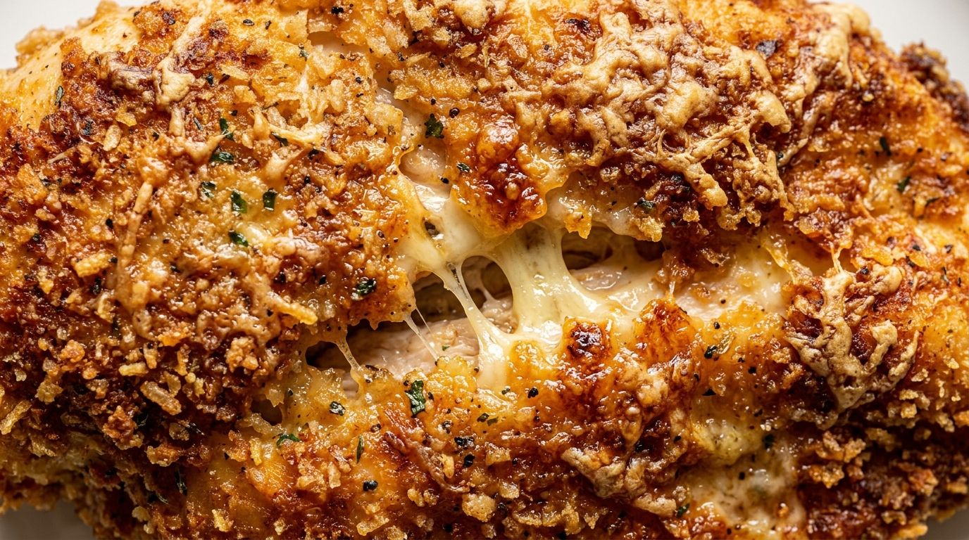 Longhorn parmesan crusted chicken with golden panko crust and melted provolone cheese on a dark wood surface