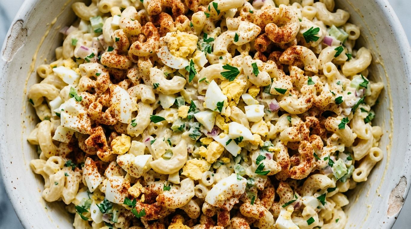 Macaroni salad with hard-boiled eggs, celery, and red onion in a white bowl dusted with paprika.