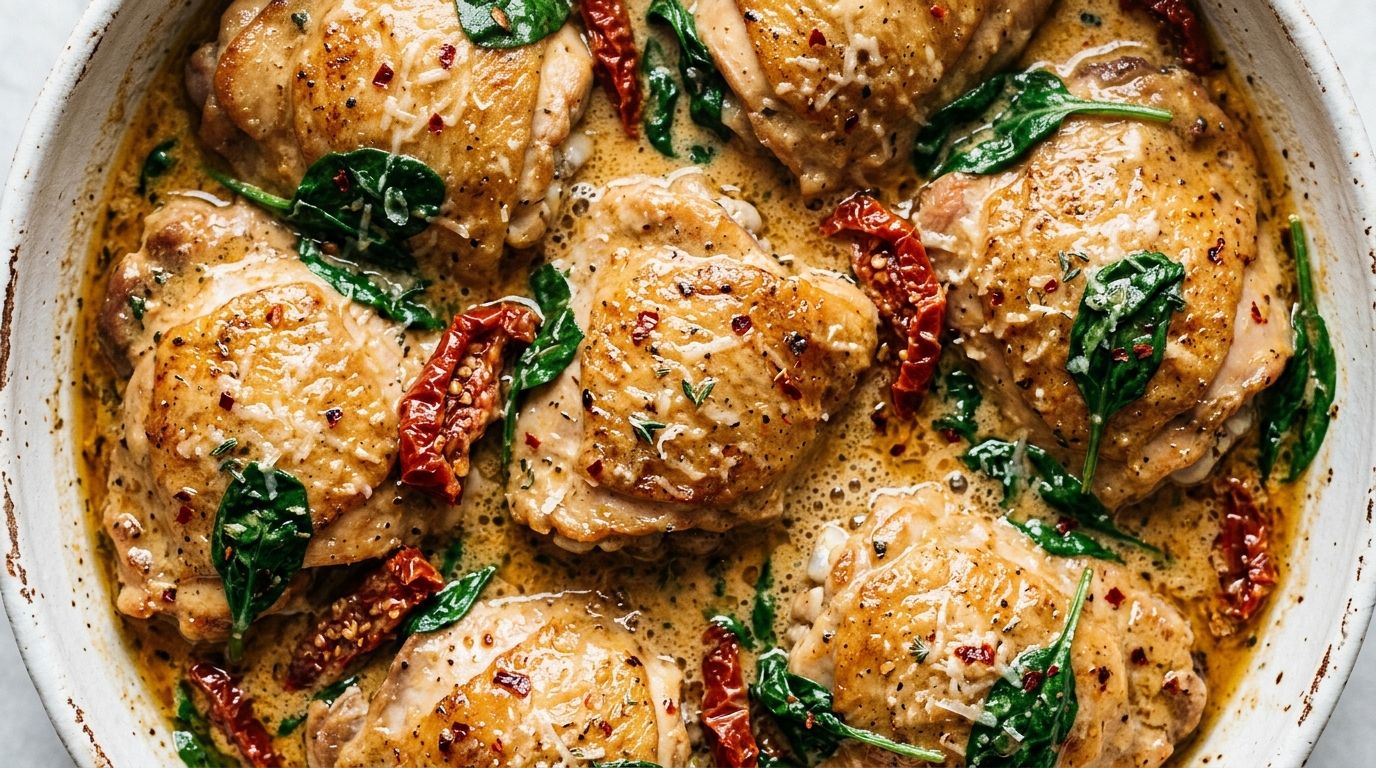 Instant Pot marry me chicken in creamy sun-dried tomato sauce with spinach and parmesan in a white bowl.