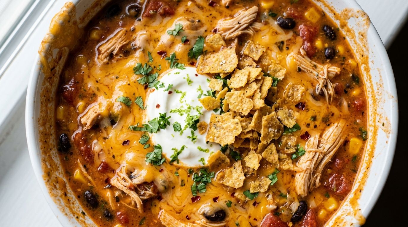 Overhead view of thick cheesy Max and Ermas chicken tortilla soup with shredded chicken, cheddar, and crushed tortilla chips in a white bowl.