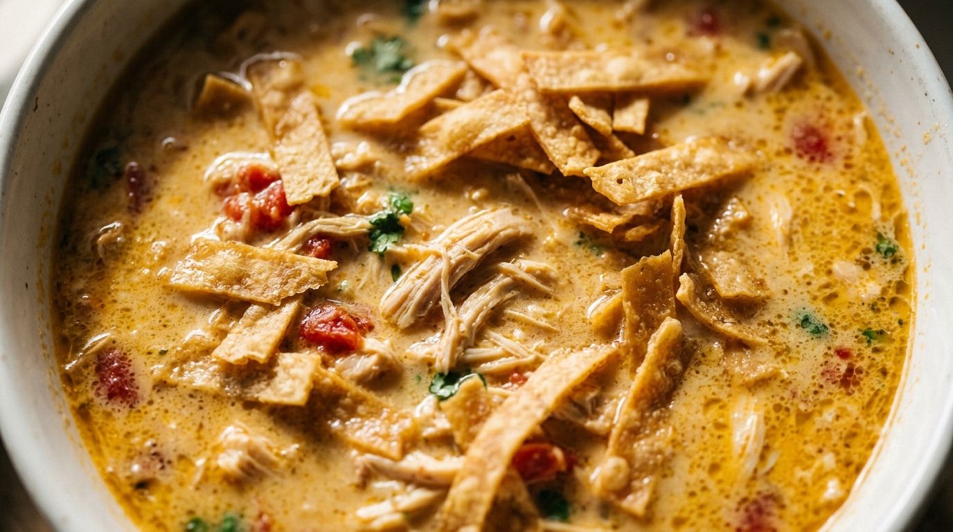 Creamy Max And Erma's chicken tortilla soup in a white bowl topped with tortilla strips and shredded cheese.