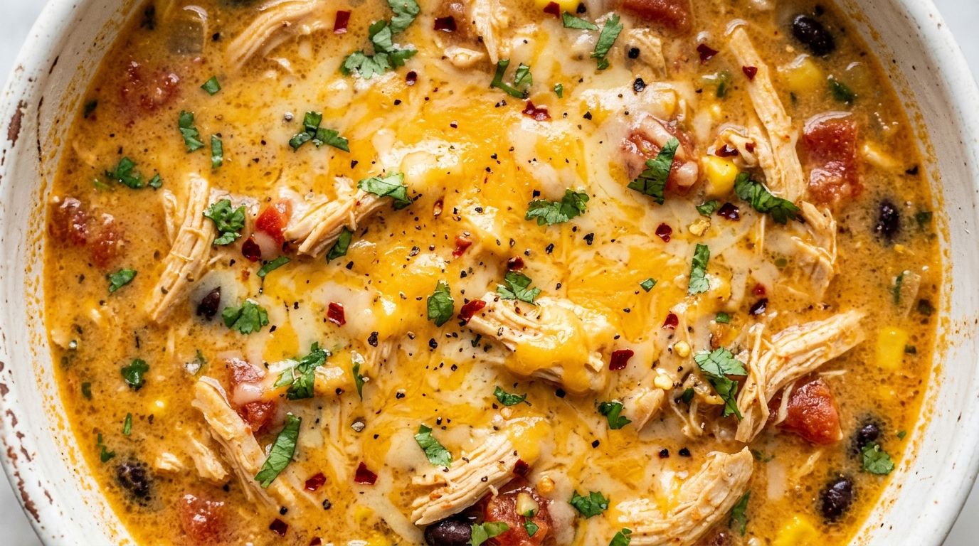 Creamy chicken tortilla soup with melted cheddar cheese and shredded chicken in a white ceramic bowl.