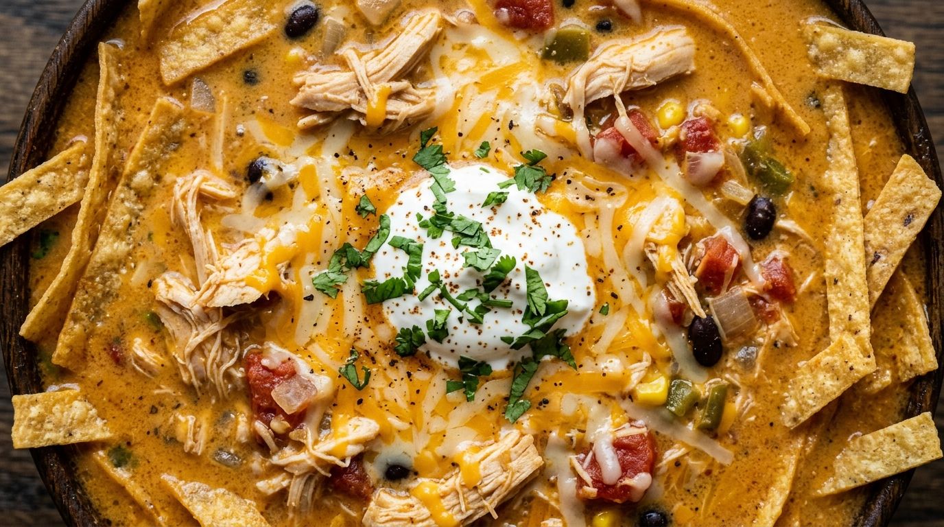 A white bowl of creamy chicken tortilla soup topped with tortilla strips, sour cream, shredded cheddar, and sliced jalapeño.