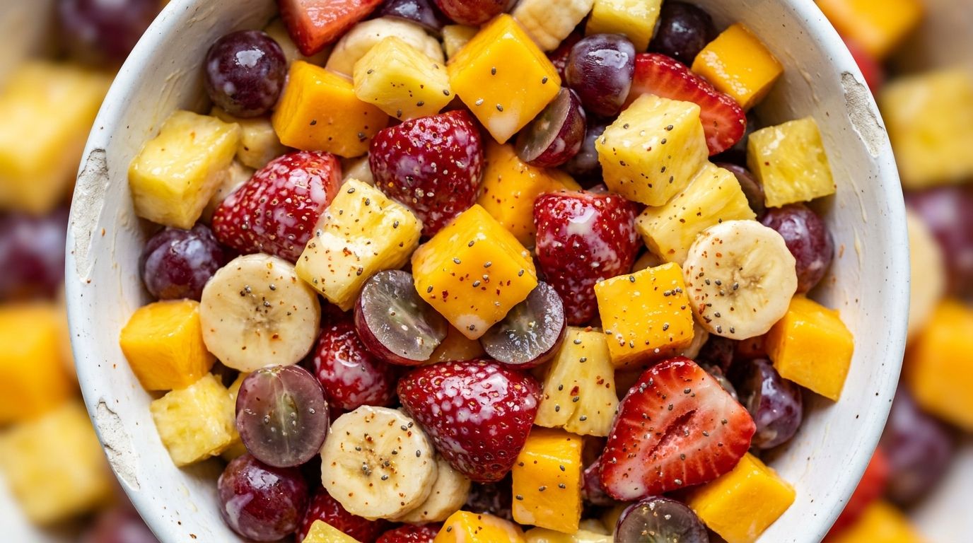 Mexican fruit salad with mango, strawberries, pineapple, and banana coated in creamy condensed milk dressing in a white bowl.