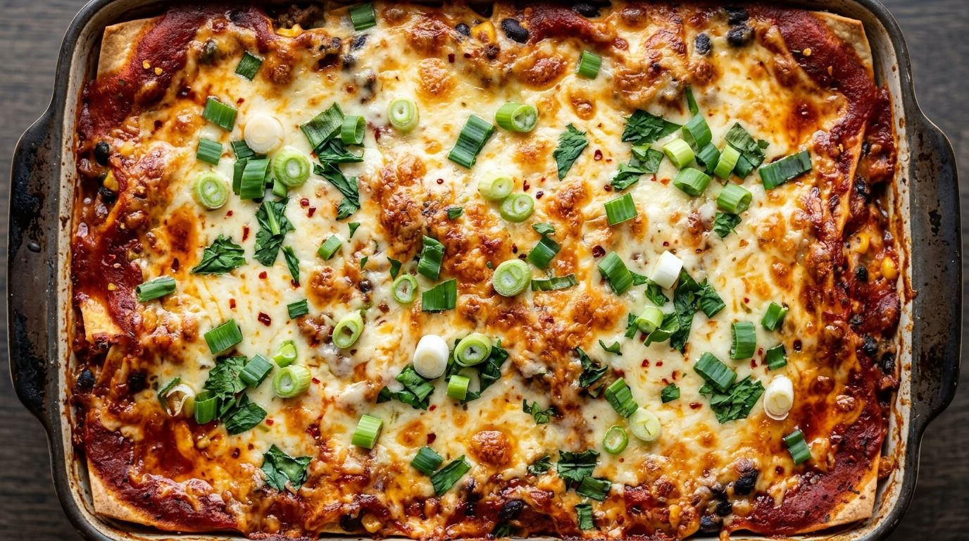 Mexican lasagna in a baking dish with golden melted cheese, green onions, and red enchilada sauce at the edges.