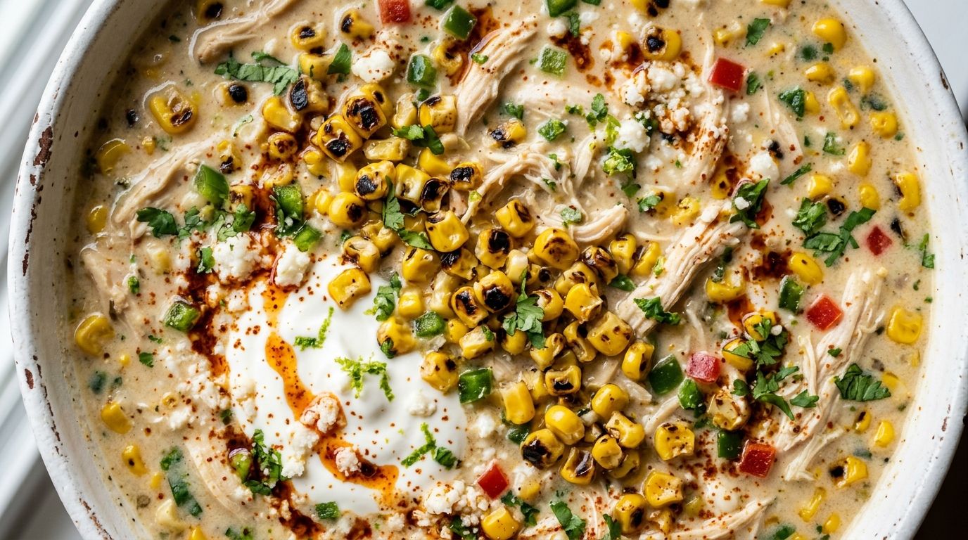 Mexican street corn white chicken chili in a white bowl topped with charred corn and a lime wedge.
