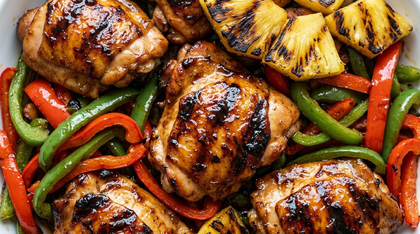 Baked pineapple teriyaki chicken with bell peppers and pineapple chunks coated in a sticky glossy glaze in a dark baking dish.
