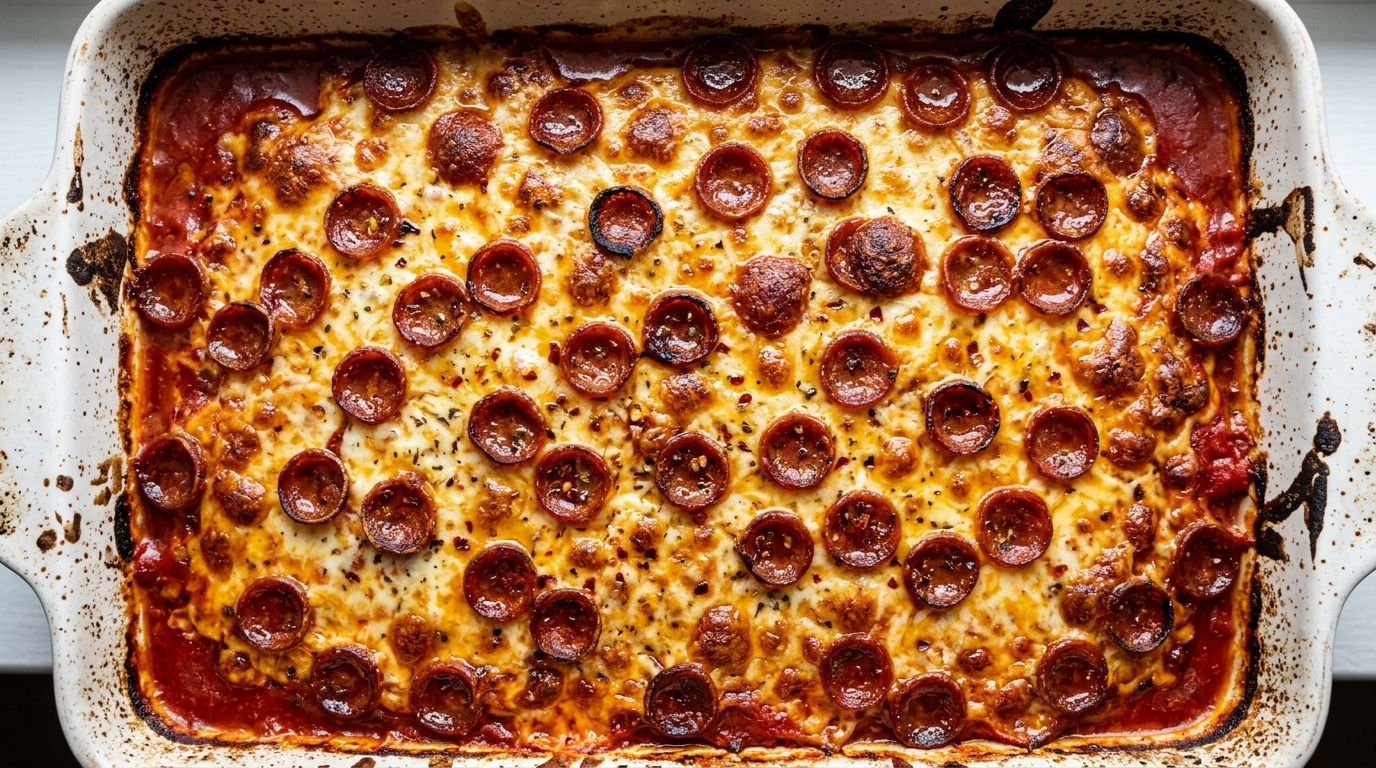 Pizza casserole in a white baking dish with golden bubbling mozzarella and crispy pepperoni on top.