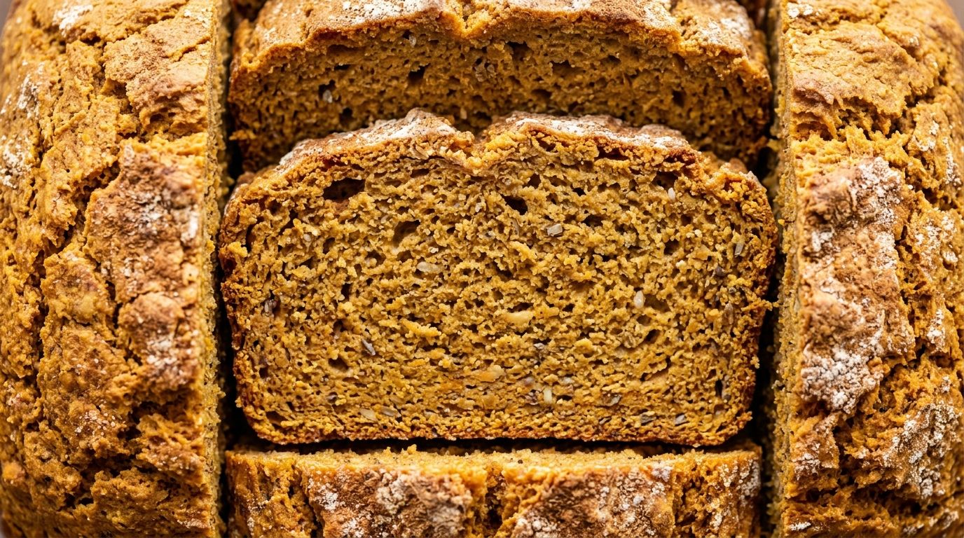 Sliced protein pumpkin bread loaf with golden crackled crust and moist spiced crumb on a dark oak board.