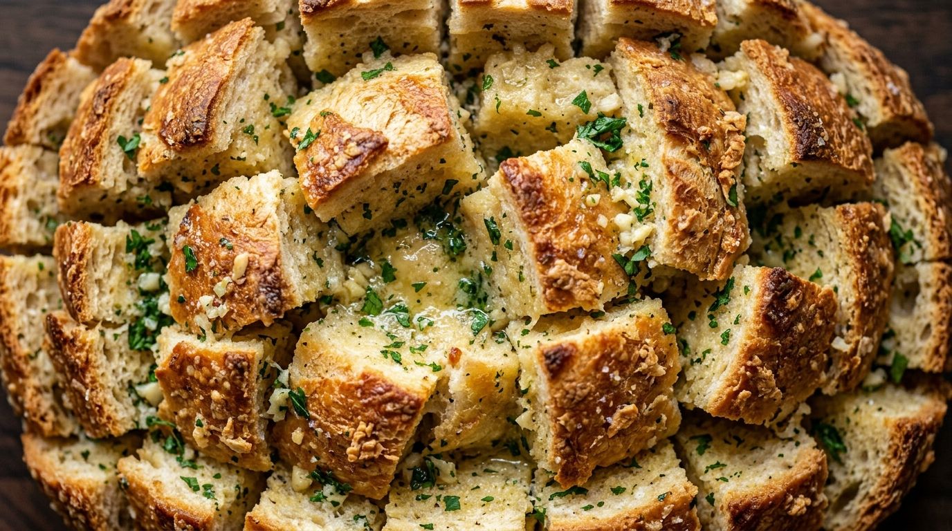 Golden pull apart garlic bread in a loaf pan with butter-soaked pieces and fresh parsley on a dark wood surface.