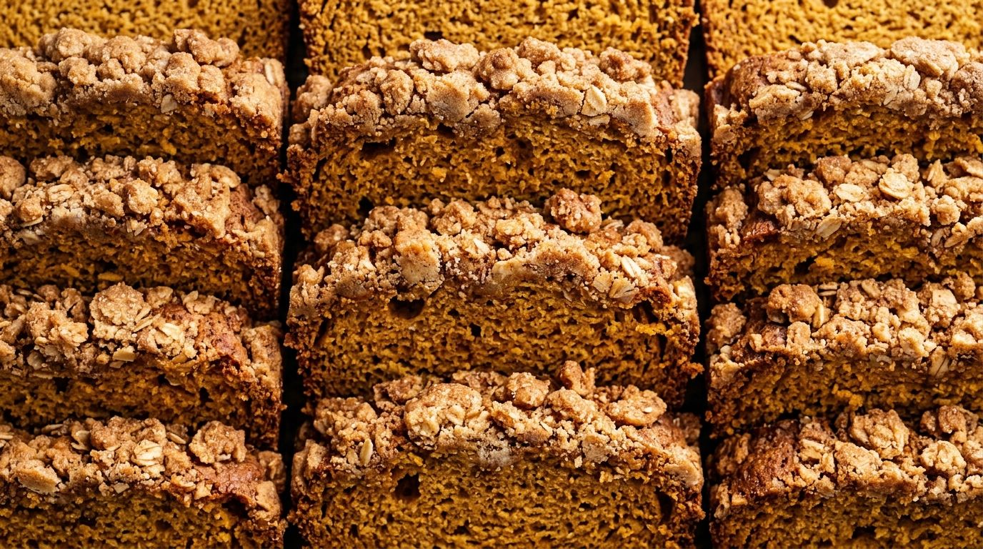 Sliced pumpkin streusel bread with golden cinnamon crumble topping on a dark oak board.