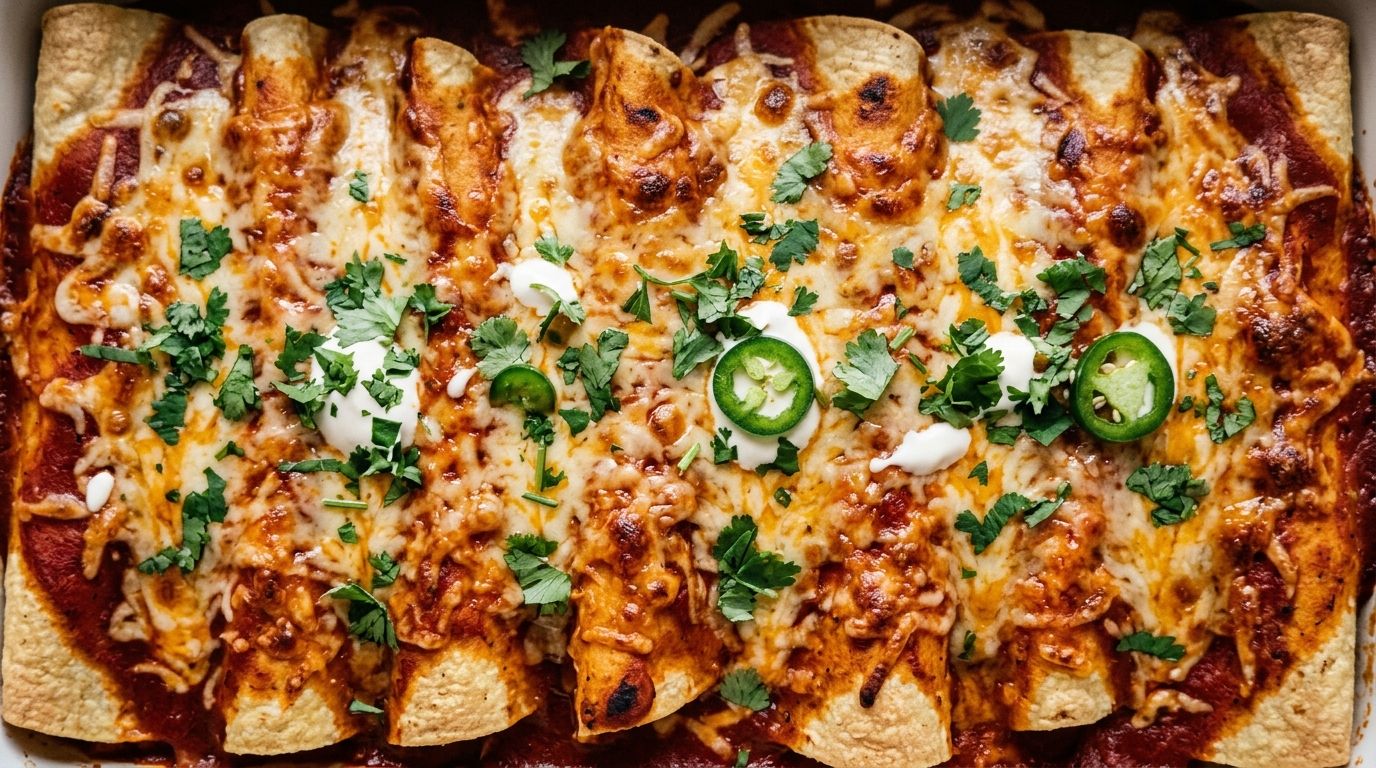 Red sauce chicken enchiladas baked in a dish with melted cheese and cilantro