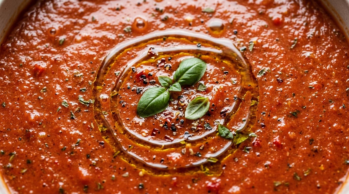 Roasted red pepper and tomato soup in a white ceramic bowl with olive oil drizzle and fresh basil