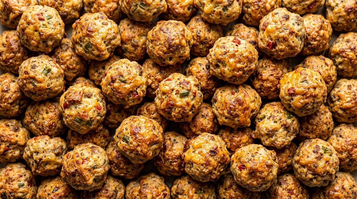 Golden-brown Rotel sausage balls piled in a white ceramic bowl with visible green chile flecks on a dark wood surface.