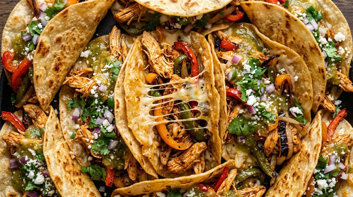 Rotisserie chicken tacos with sautéed peppers, melted cheese, and salsa verde on a dark wood surface.