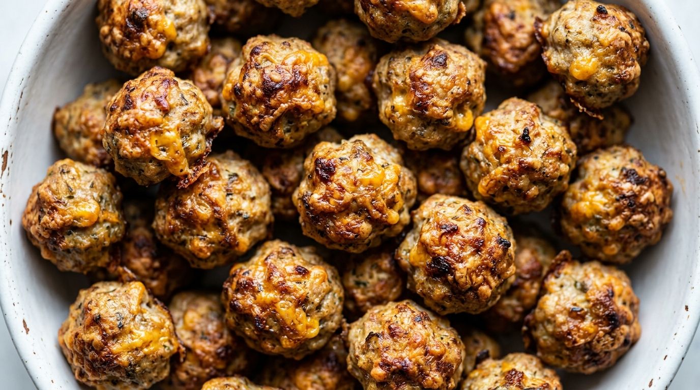 Golden sausage balls without bisquick piled in a white ceramic bowl, crispy brown outside with visible cheddar cheese throughout.