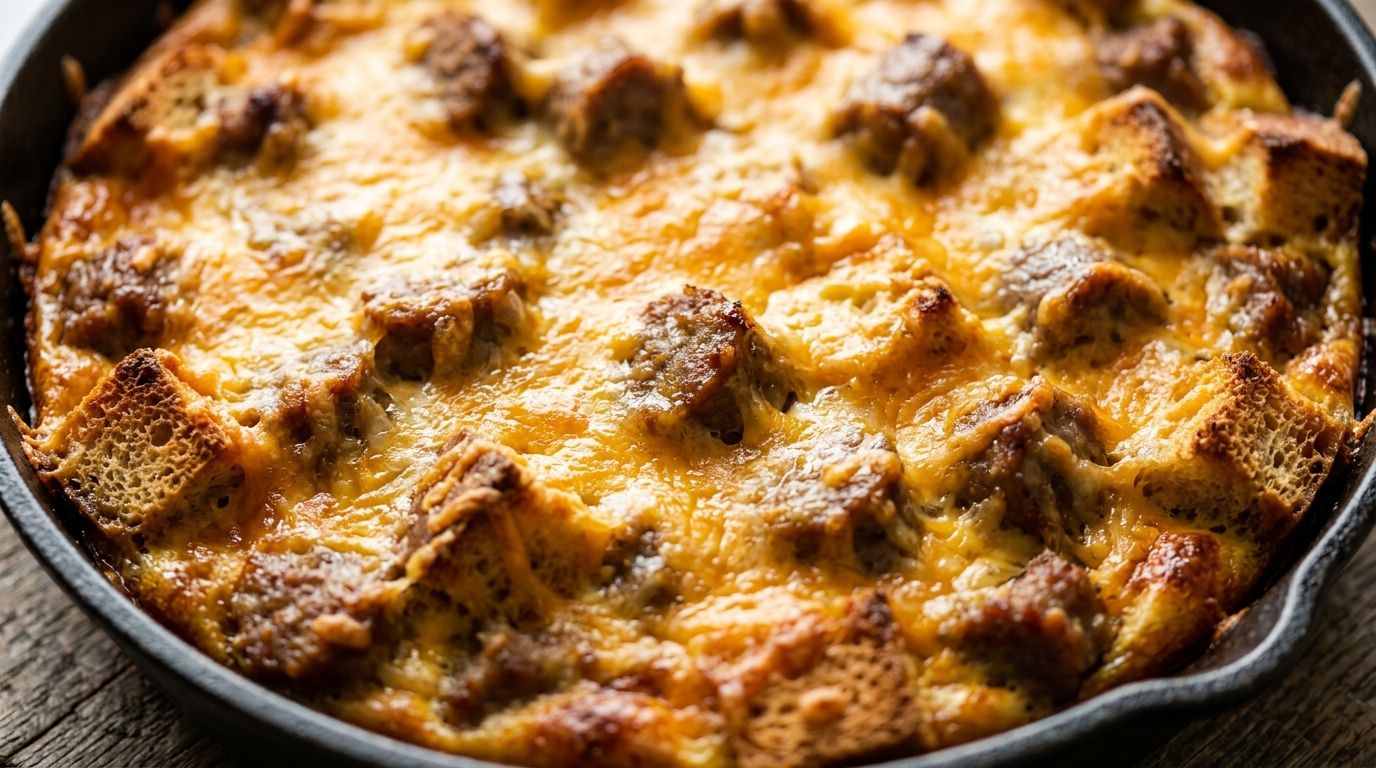 Sausage breakfast casserole sliced in a white baking dish with golden cheese on top