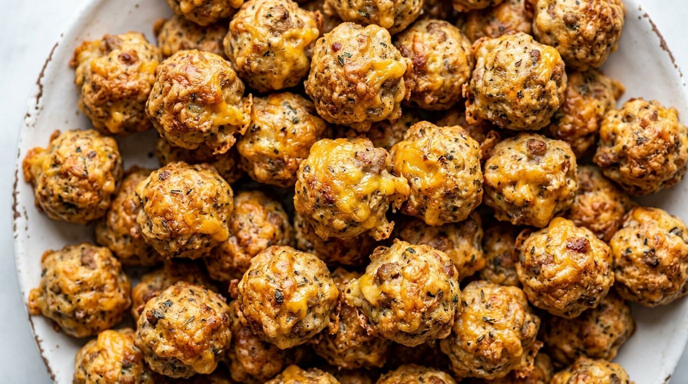 Golden sausage cheese balls piled on a white ceramic plate, with melted cheddar visible on the browned surface.