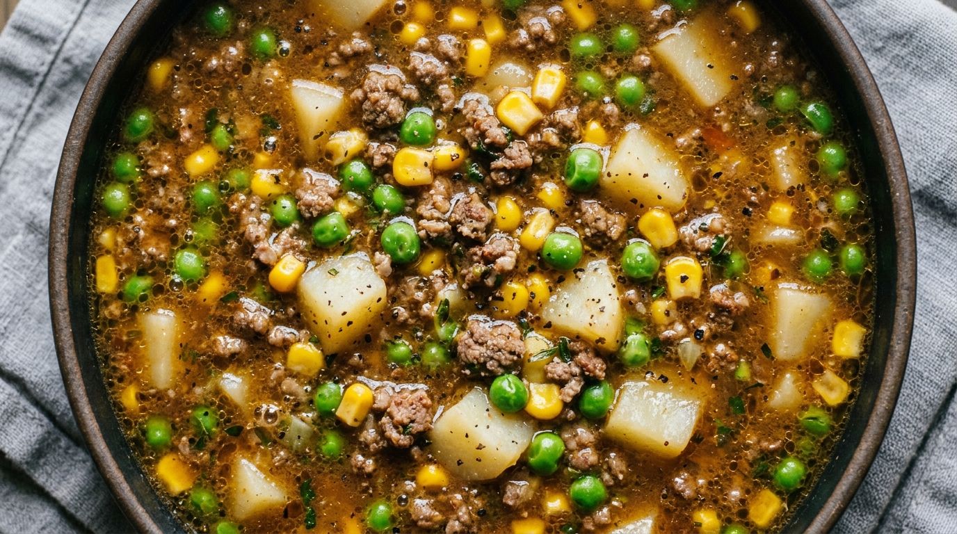 Hearty shepherds pie soup in a bowl with ground beef, potatoes, peas, and corn in a savory broth topped with fresh parsley.