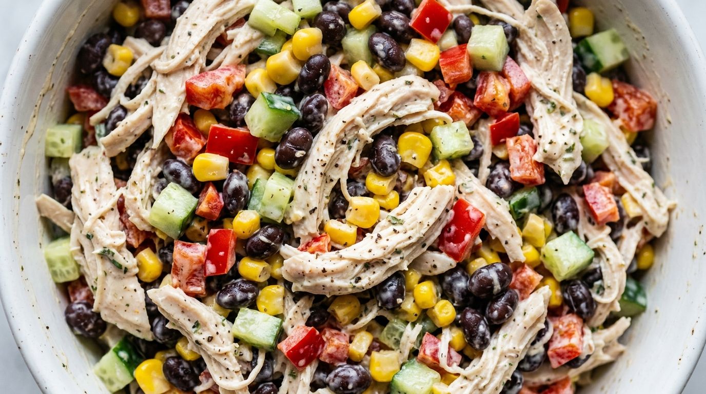 Shredded chicken salad in a white bowl with black beans, corn, cucumber, and red bell pepper.